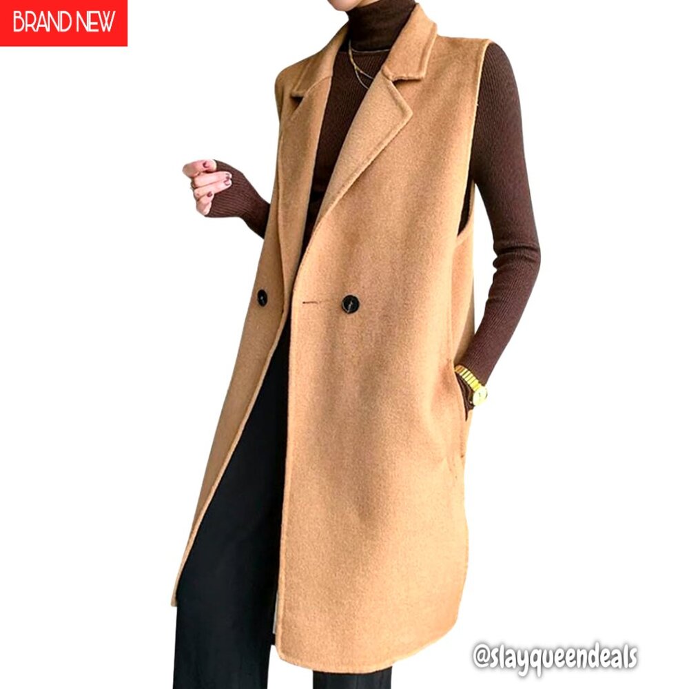 Wool Blend Vest Women's Sleeveless V-Neck Long Cardigan with Pockets